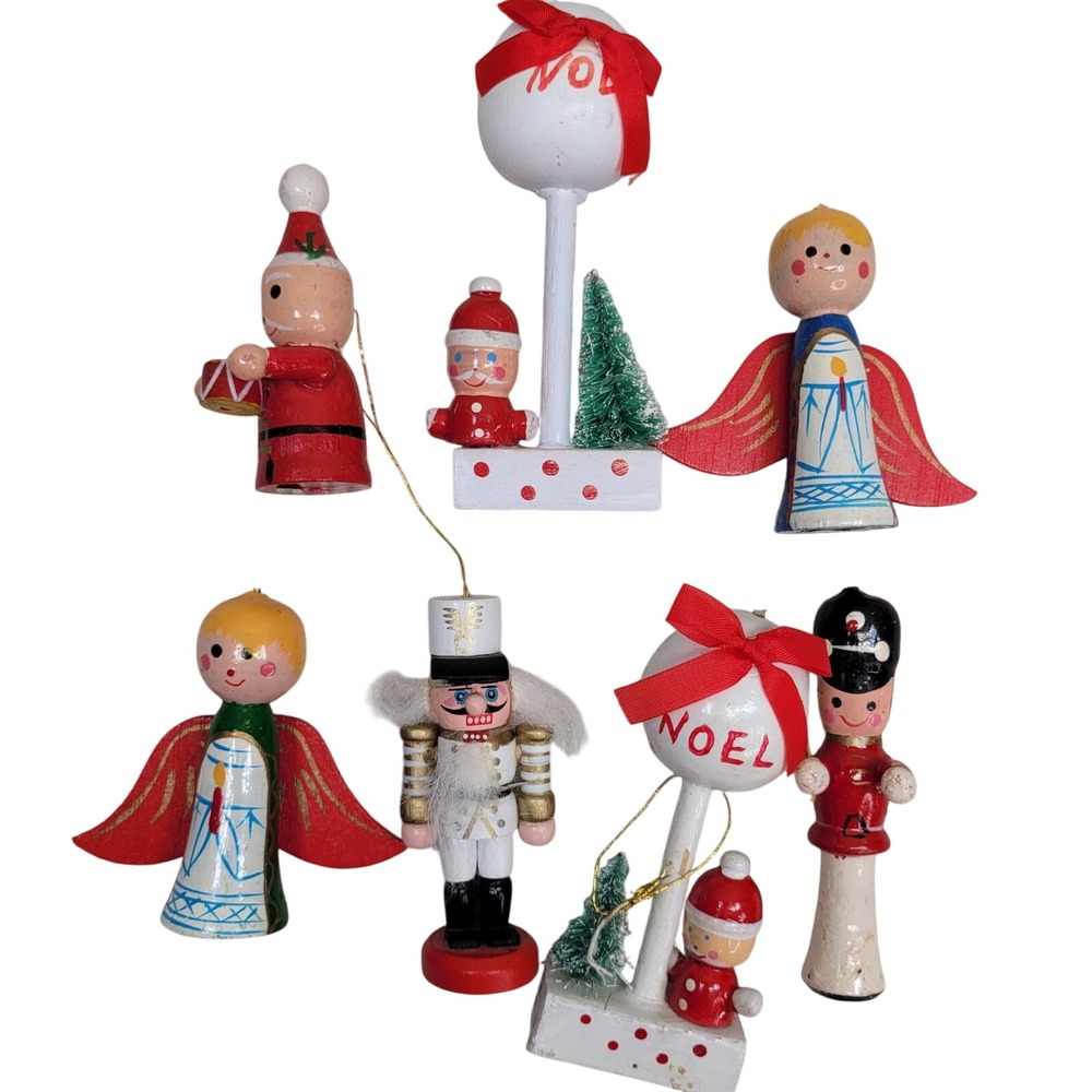 7 Wooden Christmas Ornaments Angel Nutcracker Soldier Santa Claus Noel Signs Vtg